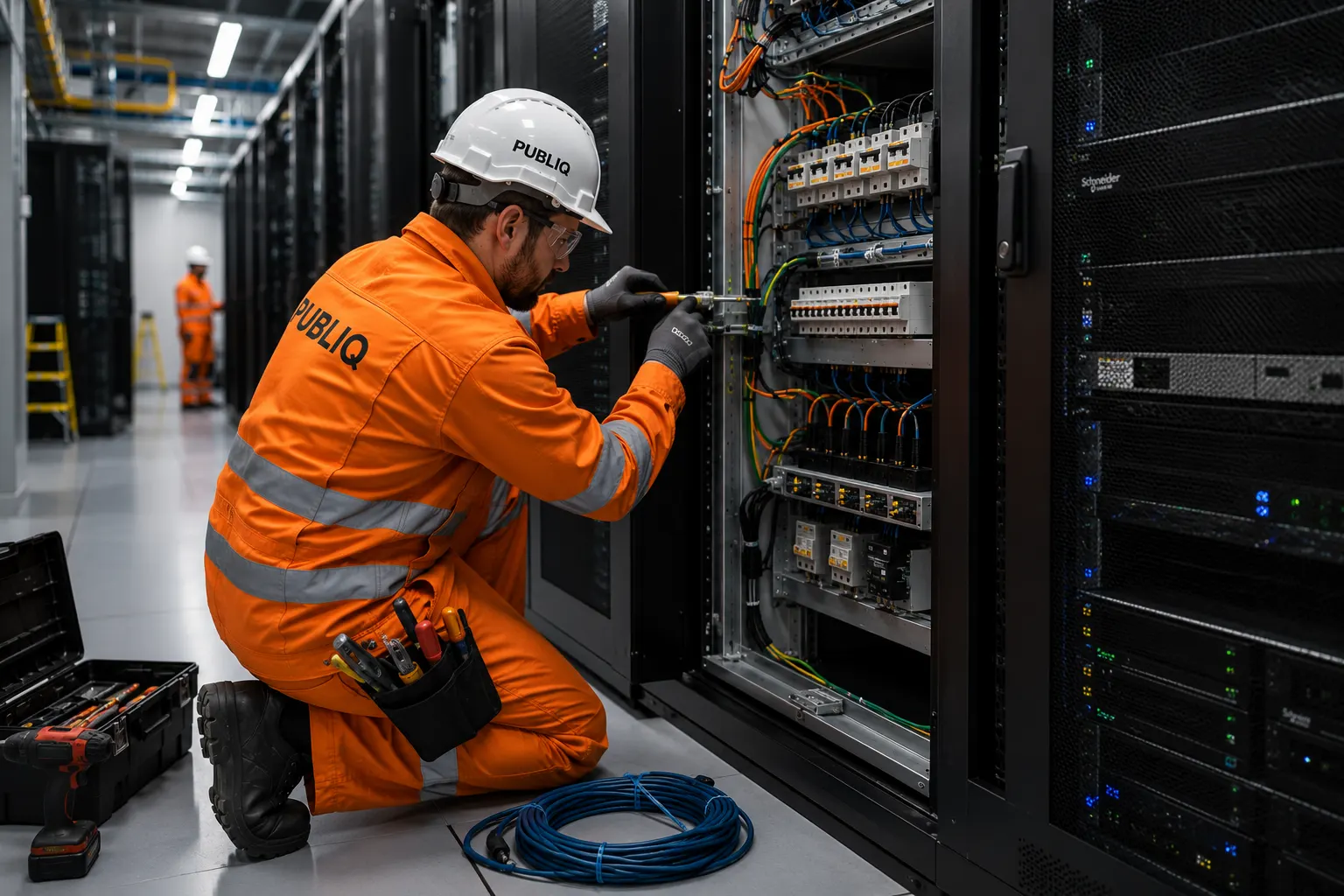 Elektriker i arbeid ved tekniske installasjoner i et datasenter